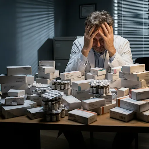 Médico estressado com amostras desorganizadas